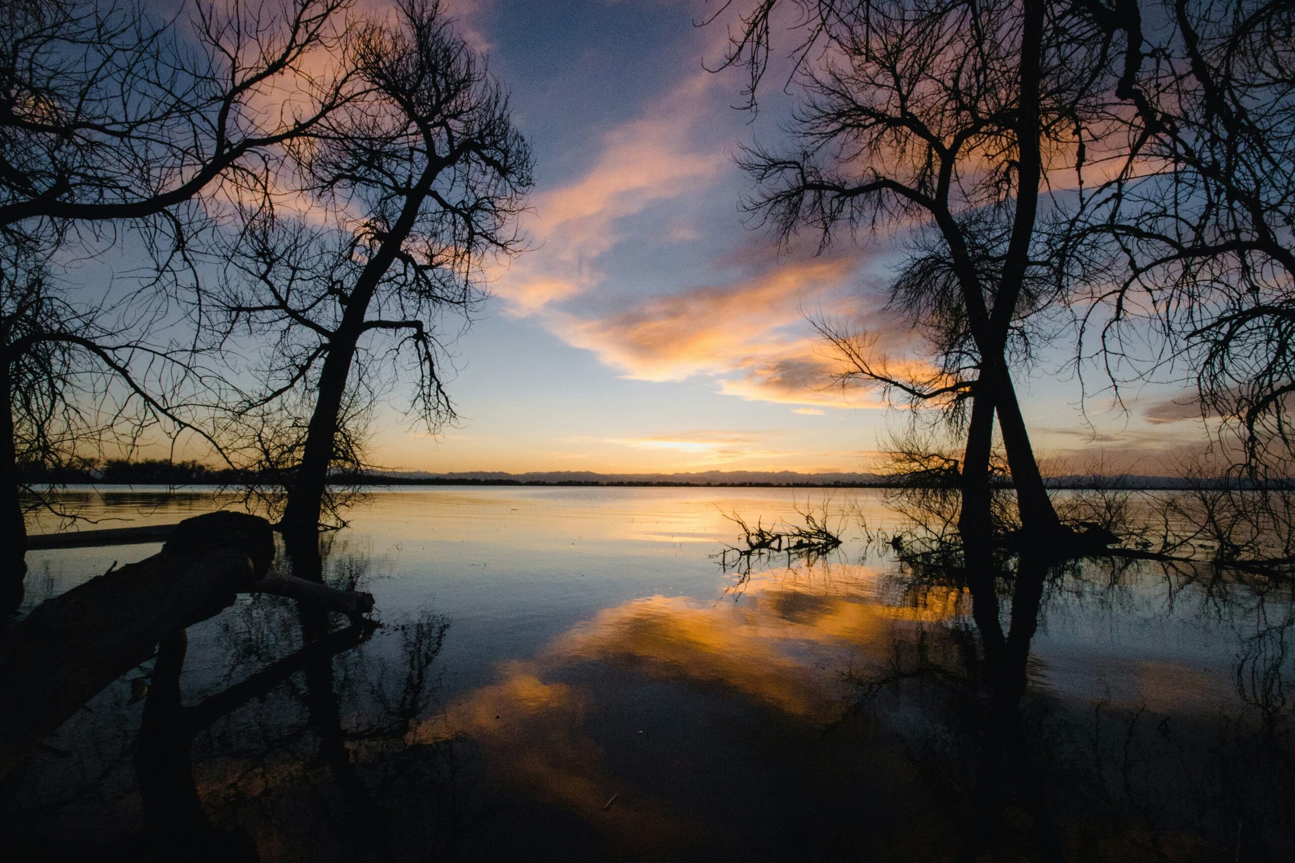 Bomen aan weerszijden van een meer bij zonsondergang, weerspiegeld in het stille water.